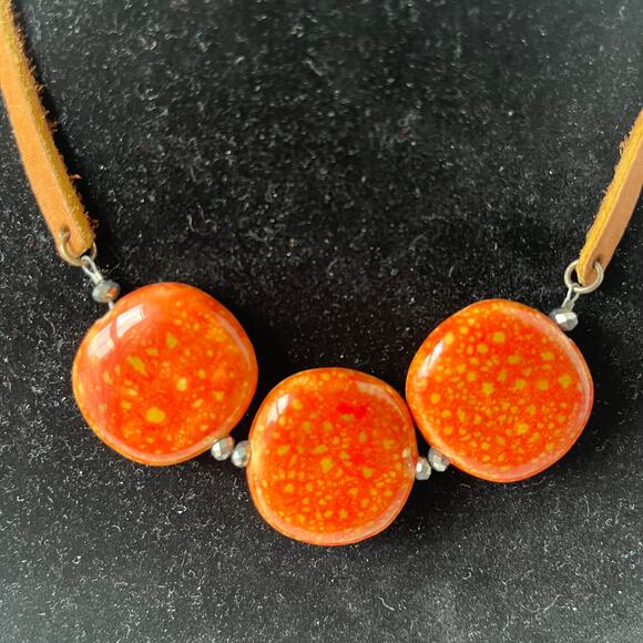 GoldStone Triple Pendant on Brown Leather Choker Strap Necklace Circles Extend - Picture 8 of 10